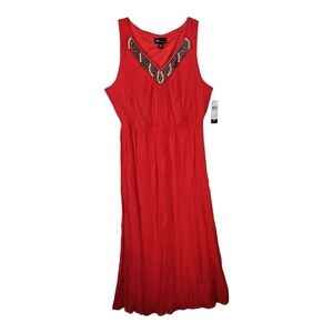 AGB Petite Sleeveless Crimson Beaded V-neck Gauzy Boho Maxi Dress PXL